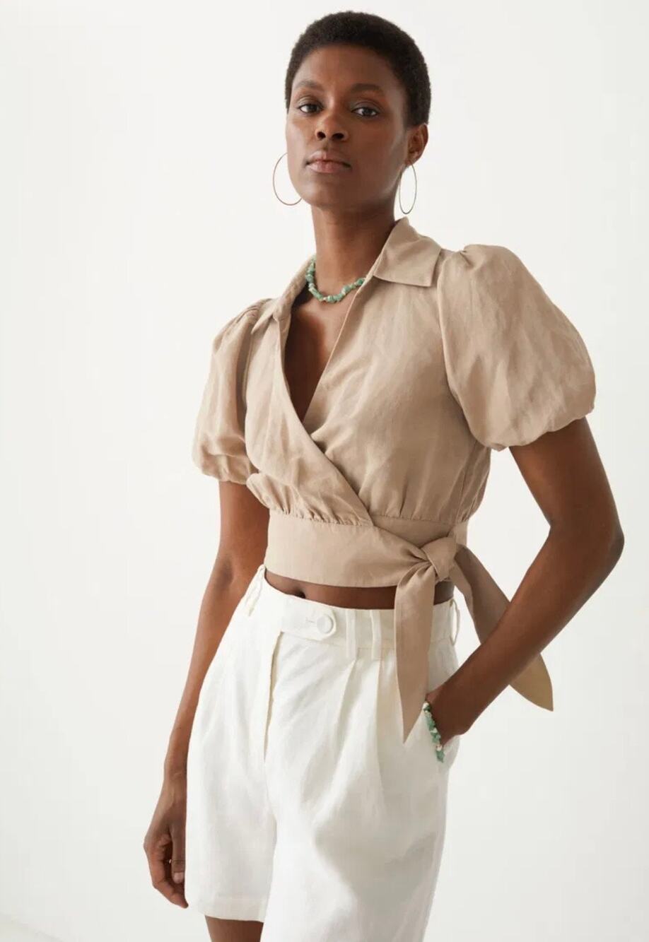 New & Other Stories Los Angeles Atelier Taupe Wrap Crop Tie Front Top 6